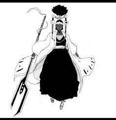 a black and white drawing of a woman holding two swords, with an afro on her head