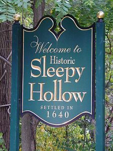 a sign that is in front of some trees and bushes with the words, welcome to historic sleepy hollow