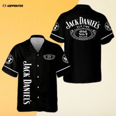 Jack Daniels Tennessee Old No.7 All Over Print 3D Hawaiian Shirt Black Color Black Cotton Camp Shirt With Letter Print, Casual Black Crew Neck Camp Shirt, Black Fan Merchandise Shirt For Summer, Black Fan Merchandise Summer Shirt, Print 3d, The Jack, Iconic Logo, Iconic Style, Jack Daniels