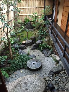 a small garden with rocks and plants in it, next to a wooden fence on the other side