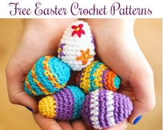 small crocheted easter eggs in the palm of a person's hand with text overlay