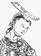 a black and white drawing of a woman with a knife on her head