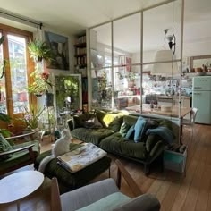 a living room filled with lots of furniture and plants on the wall next to windows