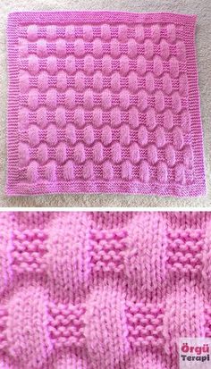 two pictures of pink knitted rugs and one is showing the same pattern on it