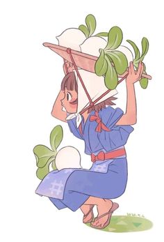 a cartoon girl carrying a plant on her back and holding it up to the ground