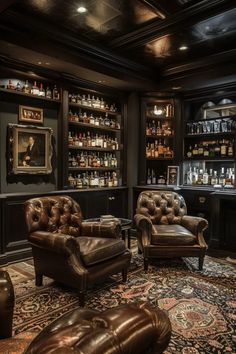 a living room filled with lots of furniture and shelves full of bottles on the wall