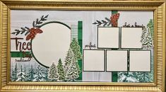 a gold frame with some pictures and pine trees on the front, along with other frames