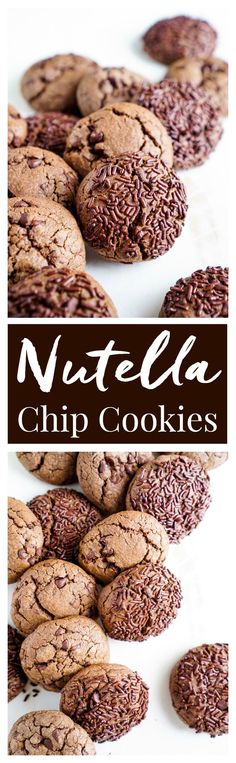 chocolate chip cookies on a white surface with the words nutella written in brown lettering