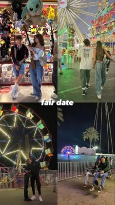 people are walking around an amusement park at night and in the day, there is a ferris wheel