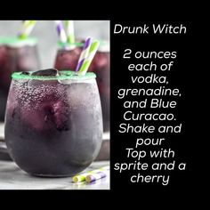 two glasses filled with purple liquid and straws on top of each other, next to the words drunk witch 2 ounces each of vodka, grandma, grandade, and blue curade shake