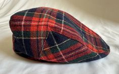 Vintage plaid tartan wool driving/newsboy hat red with blue & green, satin lined, tag lists size M made in USA, measured flat from top 11x8, circumference of inner hat rim 22" Plaid Hat, Plaid Hats, Newsboy Hat, Red Tartan, News Boy Hat, Newsboy Cap, Vintage Plaid, Green Satin, Tartan Plaid