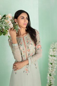 Foliage | Pakistani Designer Outfit | Sarosh Salman Designer Outfit, Iranian Women Fashion, Long Kurti Designs, Iranian Women, Designer Kurtis, Pure Chiffon, Party Suits, Traditional Pattern, Cotton Dress Summer