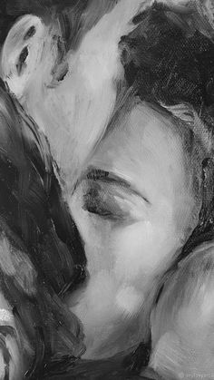 a black and white painting of a man kissing a woman's head with her eyes closed