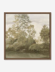 a painting with trees and water in the foreground, on a white wall above it