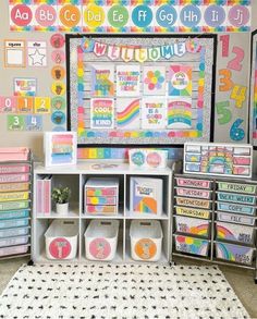 a classroom with lots of colorful items on the wall