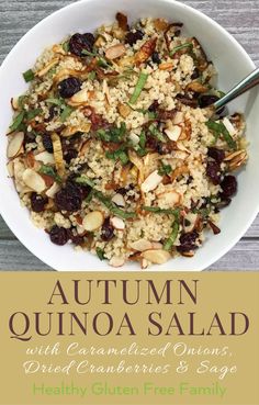 an image of autumn quinoa salad with caramelized onions, dried cranberries and sage