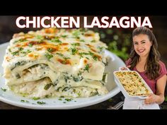 a woman holding a plate with chicken lasagna on it and the words chicken lasagna in front of her