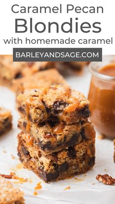 caramel pecan blondies with homemade caramel are stacked on top of each other