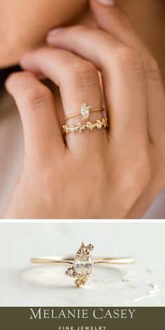 A dainty marquise cut diamond ring, accented by sparks of tiny sparkling diamonds atop a delicate 14k gold band. The Ember Ring can be found at melaniecasey.com! Marquise Diamond Ring For Proposal, Ring Gold Engagement, Whimsical Ring, Marquise Cut Diamond Ring, Melanie Casey, Cluster Design, Diamond Stacking Rings, Necklace Chain Lengths, Marquise Cut Diamond