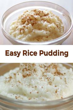 two bowls filled with mashed potatoes and the words easy rice pudding