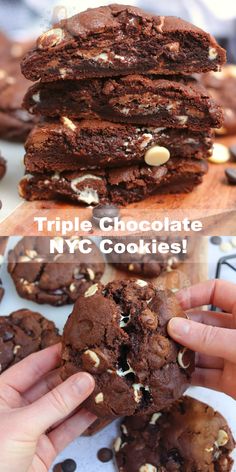 triple chocolate nyc cookies are stacked on top of each other with white chocolate chips and sea salt