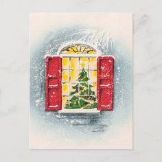 a christmas card with an image of a window and a tree on the outside, in snow