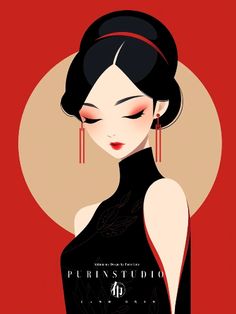 an illustration of a woman in black dress with red earrings and her hair pulled back