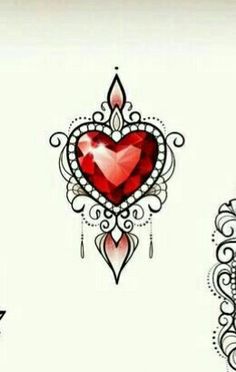 two heart tattoos on white paper with black and red designs