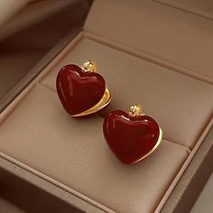 Fashion Element: Love Heart/Heart Shape Style: Korean Korean Style Red Enamel Earrings For Valentine's Day, Red Bean, Ear Earrings, Red Beans, Style Korean, Colorful Fashion, Heart Shape, Gold Plating, Heart Shapes