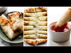 four different pictures with food in them including pizzas, dipping sauce and breadsticks