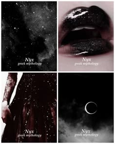 four different images with the words nux, great mythology and new moon