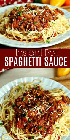 spaghetti sauce on two plates with peppers in the background and an image of lemons