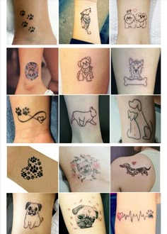 many different pictures of dogs and their owners tattoos on their legs, with the dog's paw prints all over them