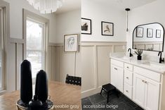 two pictures of a bathroom with black and white decor