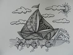 a drawing of a sailboat in the ocean with clouds and fish on it's side