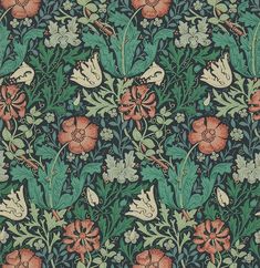 an old wallpaper with flowers and leaves in blue, green, red and orange colors