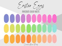 the easter eggs color palette is shown in different colors and sizes, including pink, green,