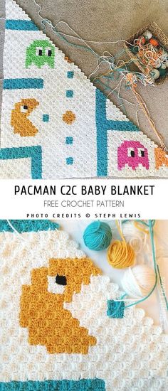 the crochet baby blanket pattern is shown with yarn and thread on it, along with other items