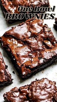 chocolate brownies with coconut flakes on top and the words, one bowl brownies