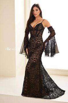 EW36030 Black/Nude 10 Spring 2025 Ellie Wilde Prom Dresses, Lace Prom Gown, Long Mermaid Dress, Long Bell Sleeves, Sherri Hill Prom Dresses, Ellie Wilde, Spring 2025, Prom Dress Stores, Prom Dress Styles