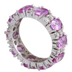 Stamped: 14K White Gold Total Ring Weight: 4.5 Grams Gemstone Weight: Total Natural Ceylon Sapphire Weight is 6.03 Carat (Measures: 6.00x4.00 mm) Quantity: 10 Color: Pink Diamond Weight: Total Natural Diamond Weight is 1.68 Carat quantity: 20 Color: F-G, Clarity: VS2-SI1 Face Measures: 6.10 mm Sku: [702482W] Platinum Ruby Ring With 17 Jewels, Luxury Pink Sapphire Rings With Gemstone, Exquisite Pink Sapphire Rings For Formal Occasions, Exquisite Pink Sapphire Rings For Formal Events, Luxury Pink Sapphire Ring With Vvs Clarity, Elegant Multi-stone Pink Sapphire Diamond Ring, Classic Pink Sapphire Diamond Ring In White Gold, Classic White Gold Ring With Pink Sapphire, Classic White Gold Pink Sapphire Diamond Ring