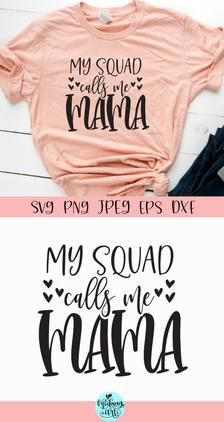 two shirts with the words, my squad and mama in black ink on pink background