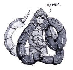 a drawing of a woman in armor sitting on the ground