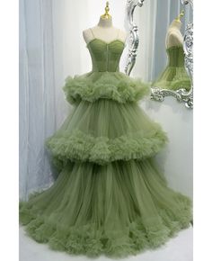 Buy stunning green tiered pleated tulle formal prom dress with straps at cheap price online. Free stable shipping and pro custom service since 2009. Modest Prom Gowns, Tulle Long Dress, Green Formal Dresses, Green Evening Dress, Green Tulle, Modest Prom, Fairytale Dress, فستان سهرة, A Line Prom Dresses