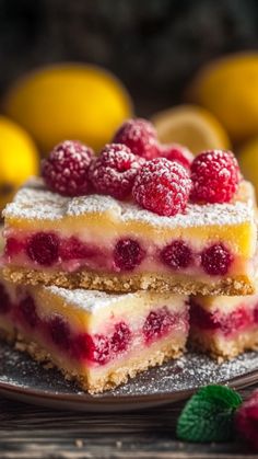 Lemon Raspberry Bars: 🍋🍓✨ Tart and sweet bars with layers of lemon and raspberry.