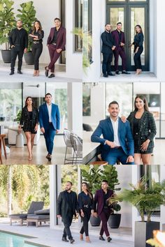 a collage of photos with people in suits and ties standing near a swimming pool