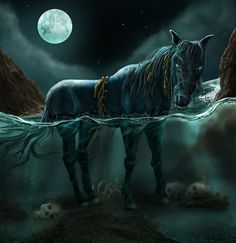 a horse is standing in the water at night