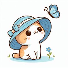 a cartoon cat wearing a blue hat with a butterfly on it's back, sitting in the grass