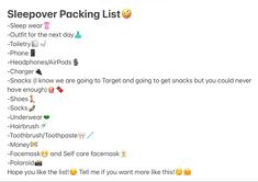 the sleepover packing list is filled with funny emoticions and text messages to help you get ready for bedtime