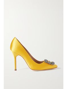 MANOLO BLAHNIK Hangisi 105 embellished satin pumps | NET-A-PORTER Yellow Embellished Evening Heels, Yellow Embellished High Heels, Luxury Fitted Silk Heels, Elegant Yellow Heels For Cocktail, Elegant Yellow Cocktail Heels, Manolo Blahnik Hangisi, Yellow Satin, Satin Pumps, Whittling